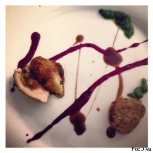 Starter a la Jackson Pollock (Summertime) quail breast and roulade with lemon confit, beetroot and balsamic