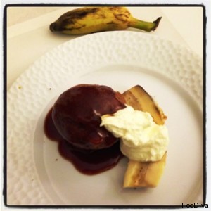 Dessert - banana cake, caramelised banana, whipped sour cream, cardamom